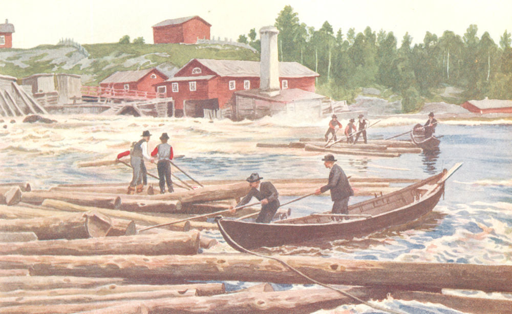 FINLAND. Kajaani, floating Timber 1908 old antique vintage print picture